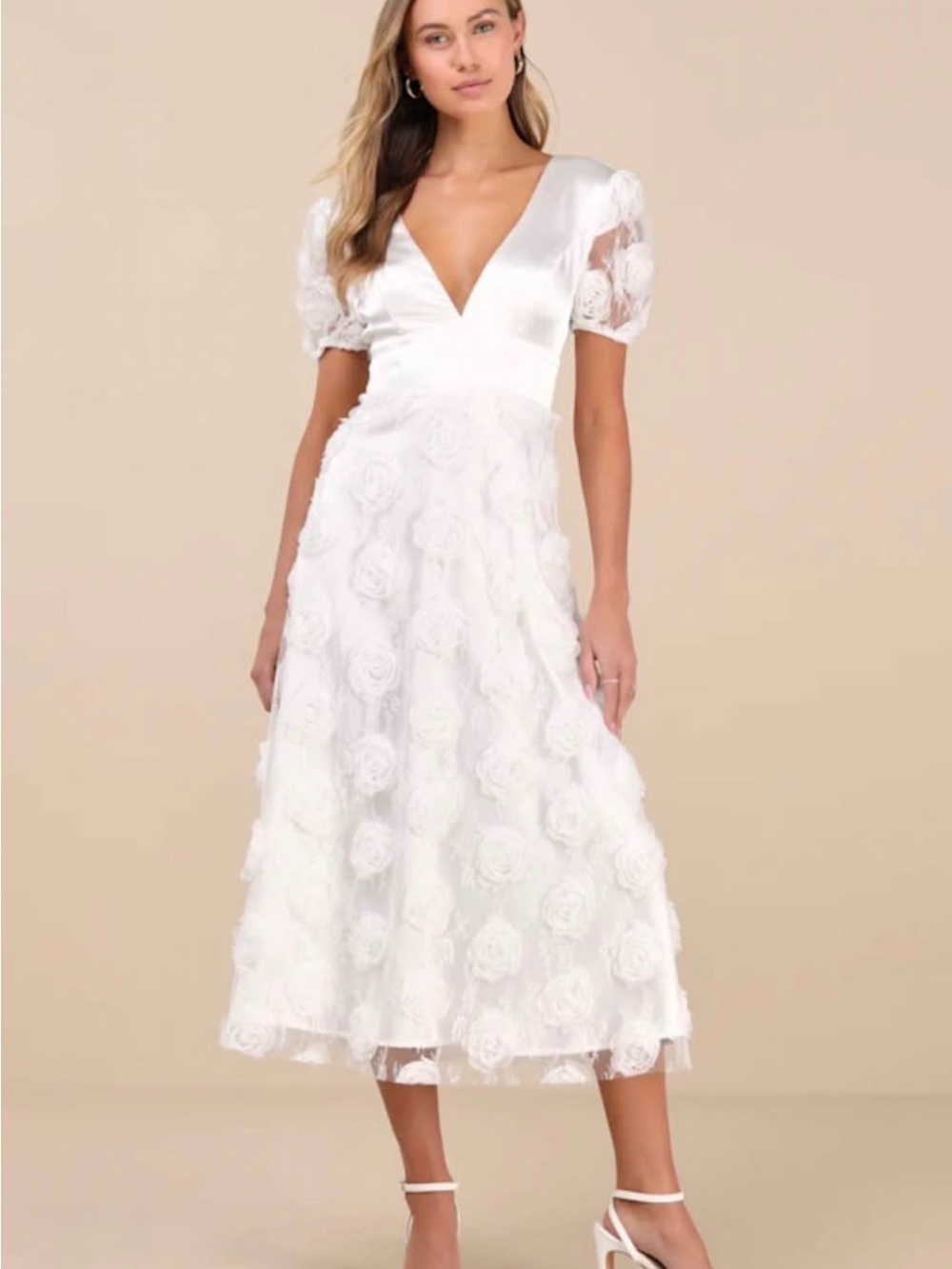 Lulu's White V-Neck 3D Floral Midi Dress